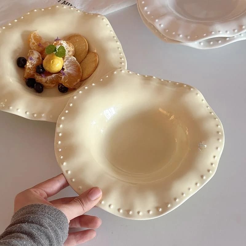 Ciotola per Colazione in Stile Francese, Ciotola per Pasta e Frutta, Collezione di Stoviglie Multifunzionali con Motivo a Pois e Fiori in Tinta Unita