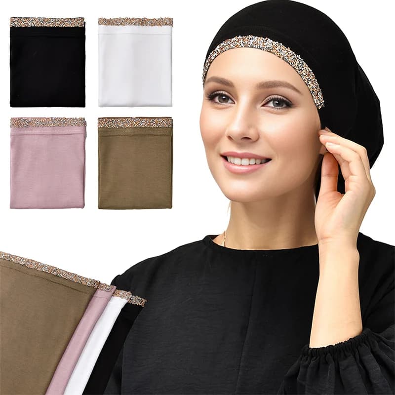 4/Pcs Modale di Cotone Strass Undercap Elastico Hijab Pianura Morbido Cofano Donne Musulmane Elastico Interno Hijab Turbante Islam Underscarf