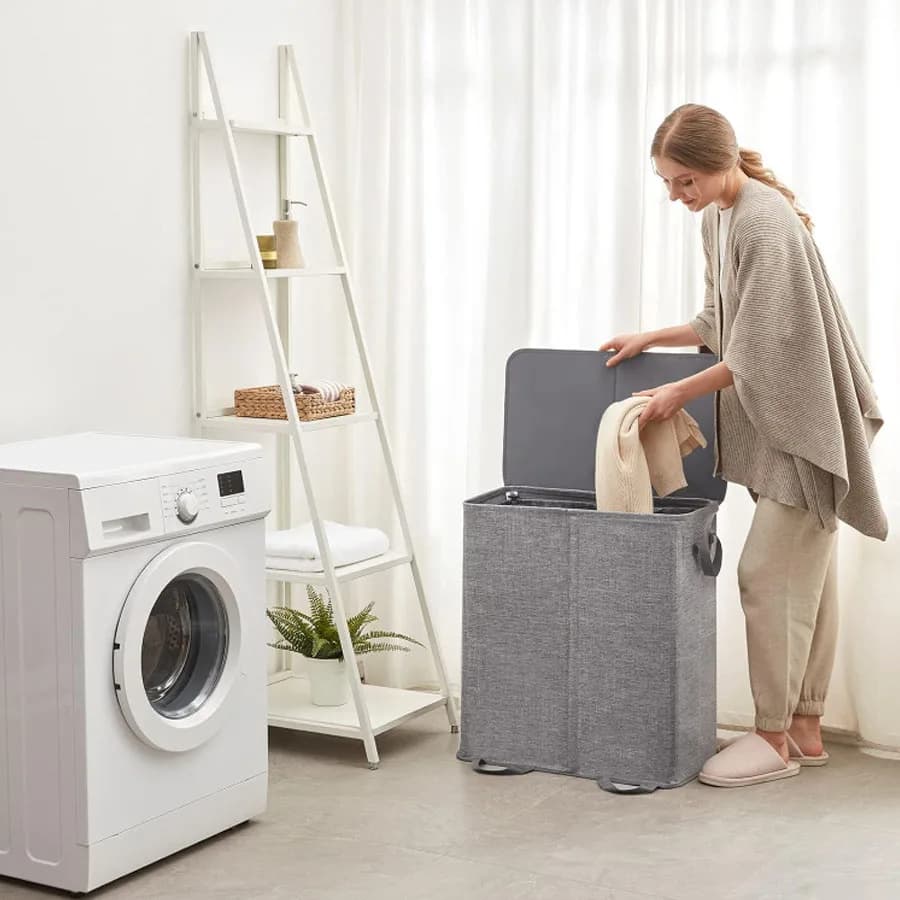 Double-layered partitioned laundry basket with removable lid and storage bag for dirty clothes