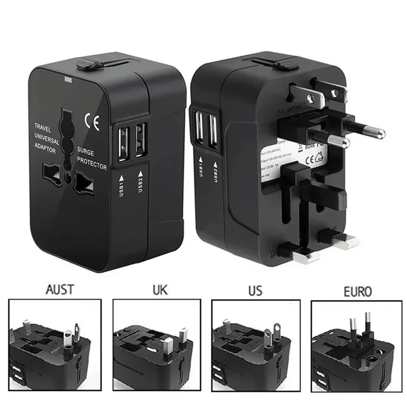Adattatore da viaggio universale con doppia porta USB, adattatore da presa UK a EU, caricatore da parete, convertitore di alimentazione CA per USA, EU, UK, AUS