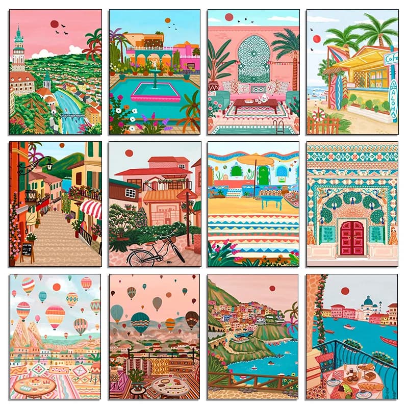Poster di Viaggio con Paesaggi Nordici, Marocchini, di Marrakech, della Cappadocia e dell'India Gate, Arte Murale con Diamanti per Soggiorno e Decorazione Casa