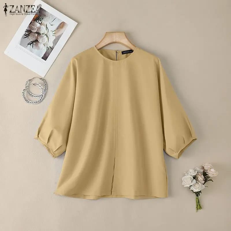 2026 ZANZEA Camicetta Estiva da Donna a Tinta Unita, Elegante con Scollo a O e Maniche a 3/4, Top Casual Ampio da Lavoro, Blusa Femminile, Camicia