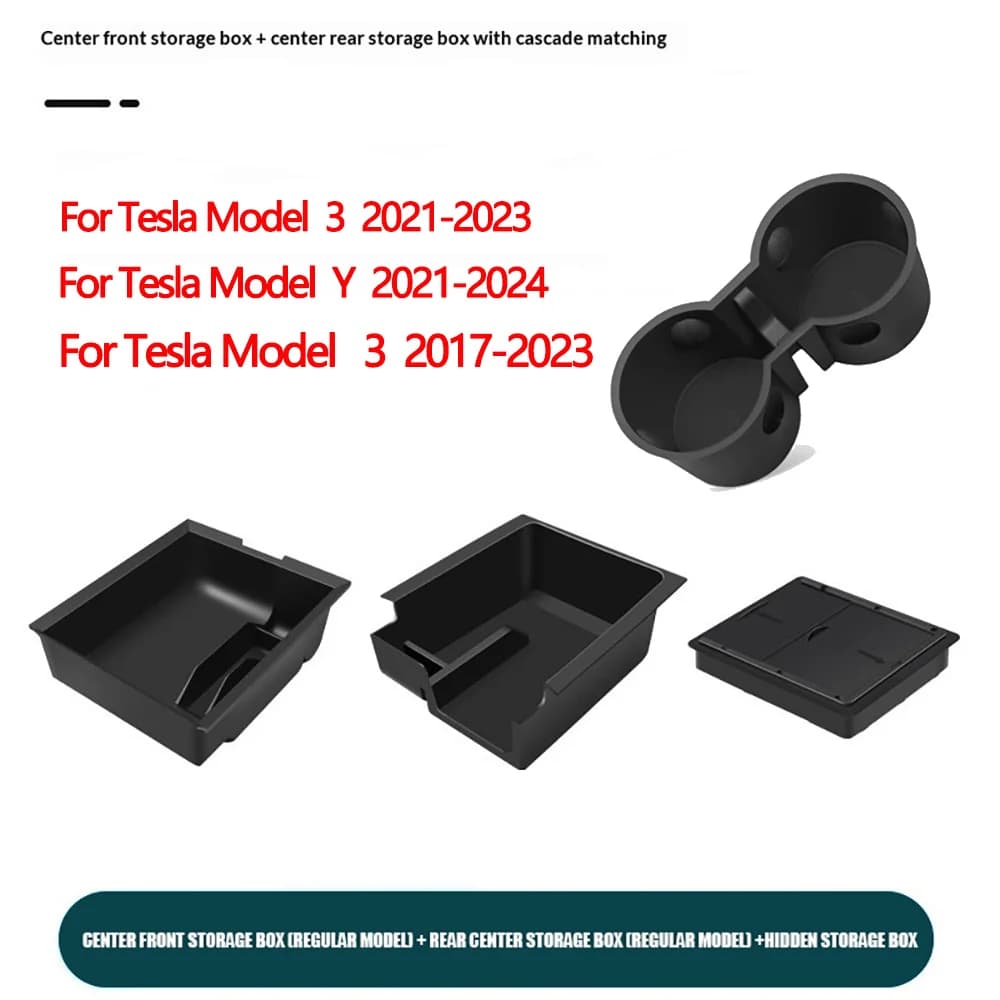 1Pcs For Tesla Model Y 3 Center Console Storage Organizer Box Tray Armrest Hidden Box Bins Cup Holder Auto Interior Accessories