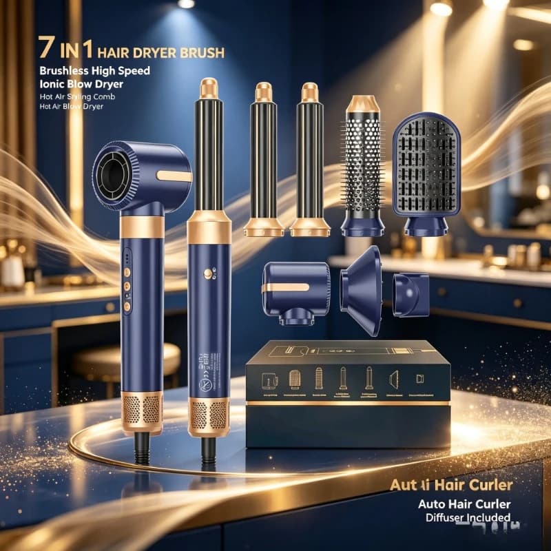 Home Salon Multi‑Style 7‑in‑1 Hot Air Comb Brushless Ionic Diffuser High‑Speed Blow Curling Hair‑Drying Gear