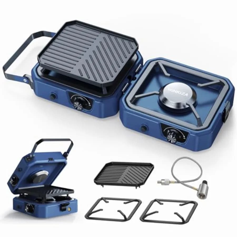Fornello da Campeggio a Propano a 2 Fuochi in Acciaio Inox 304 con Piastra, Fornello Portatile Pieghevole da Campeggio a Propano con 24000BTU Compatibile con Griglia