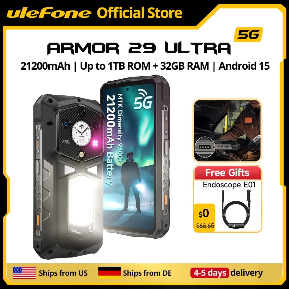 【Spedito da DE】Ulefone Armor 29 Ultra 5G AI 21200mAh Telefono robusto Dimensity 9300+120Hz 1TB ROM 64MP, NFC, Android 15