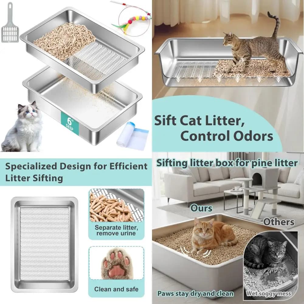 Sistema di lettiera per gatti con setaccio a pellet di legno di grandi dimensioni con grande padella per una facile pulizia