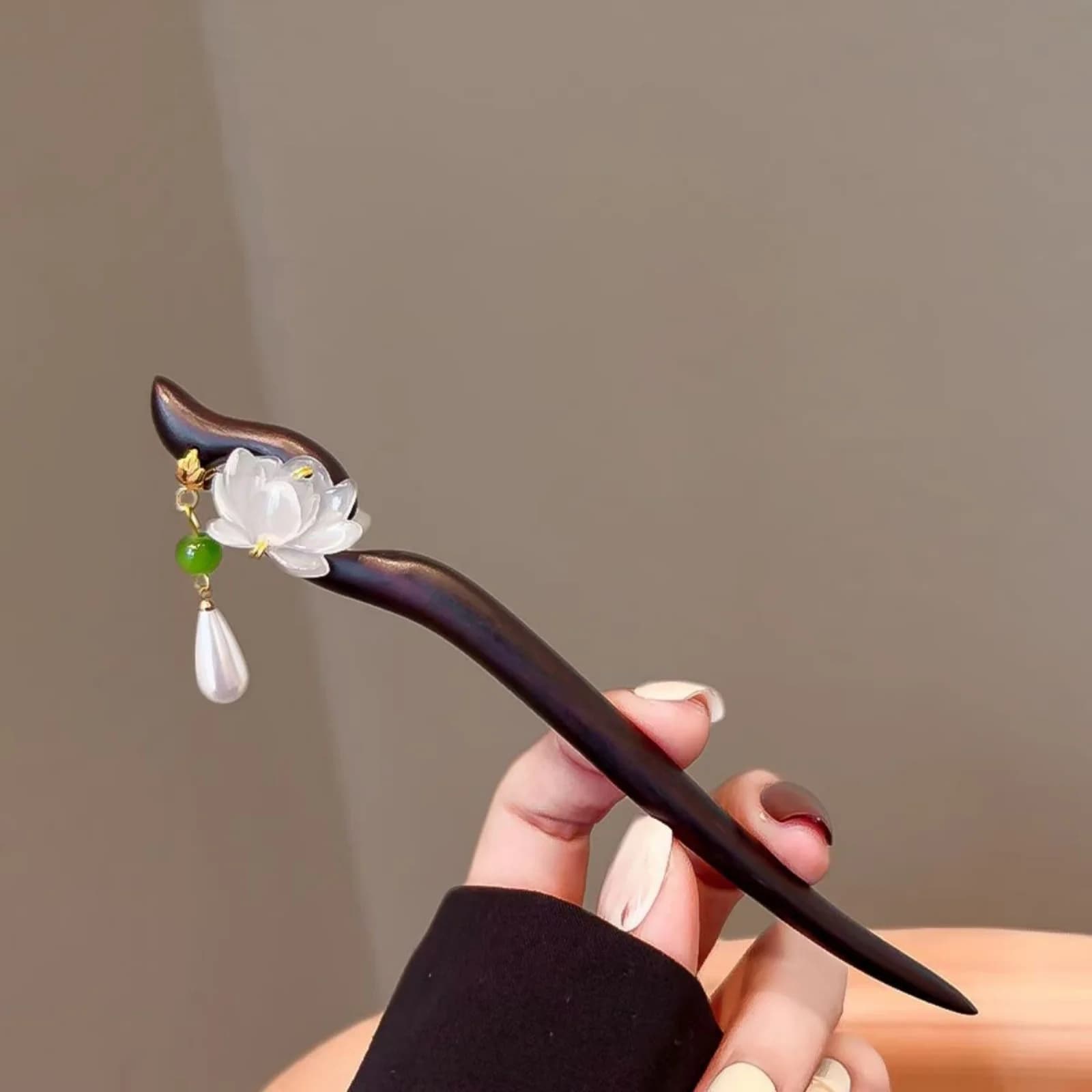 1 piece elegant lotus wood hair stick with tassel, traditional chinese accessories for hair, charming fork for women updos