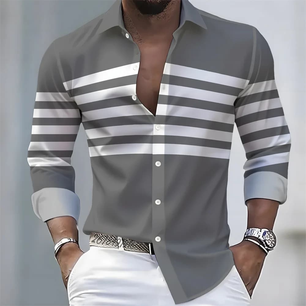 2025 Spring/Autumn New Arrival Men's Striped Long-Sleeve Shirt in 21 Colors - European and American Style Casual Lapel Slim Fit