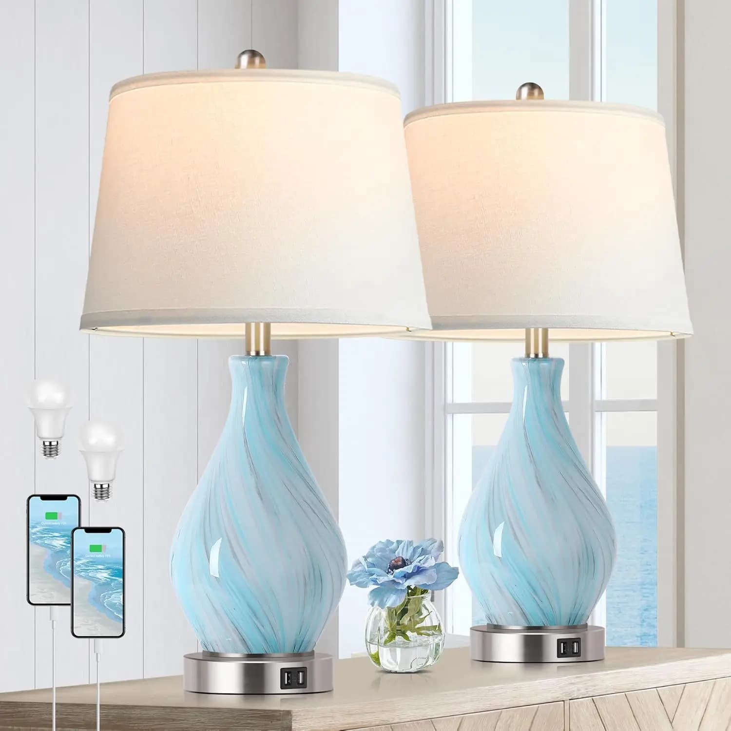 Set di 2 lampade d'accento touch control, vetro artistico blu grigio sbiadito da 22' con porte USB, paralume per tamburo bianco dimmerabile a 3 vie per