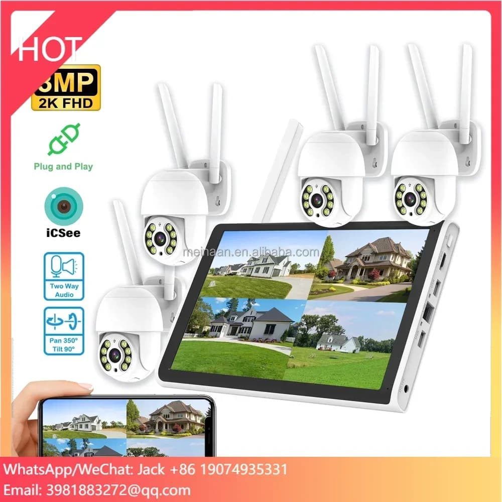 OEM 3MP ICSee Xmeye Home WiFi 10 inch 4CH LCD NVR CCTV PTZ Camera Kit Wireless WiFi CCTV Camera System CCTV External Security CCTV