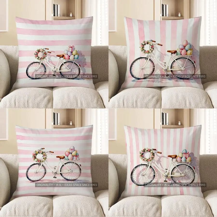 Decorative cushion cover with 2D pink striped pattern for bicycle with eggs, suitable for sofa, bedroom, car