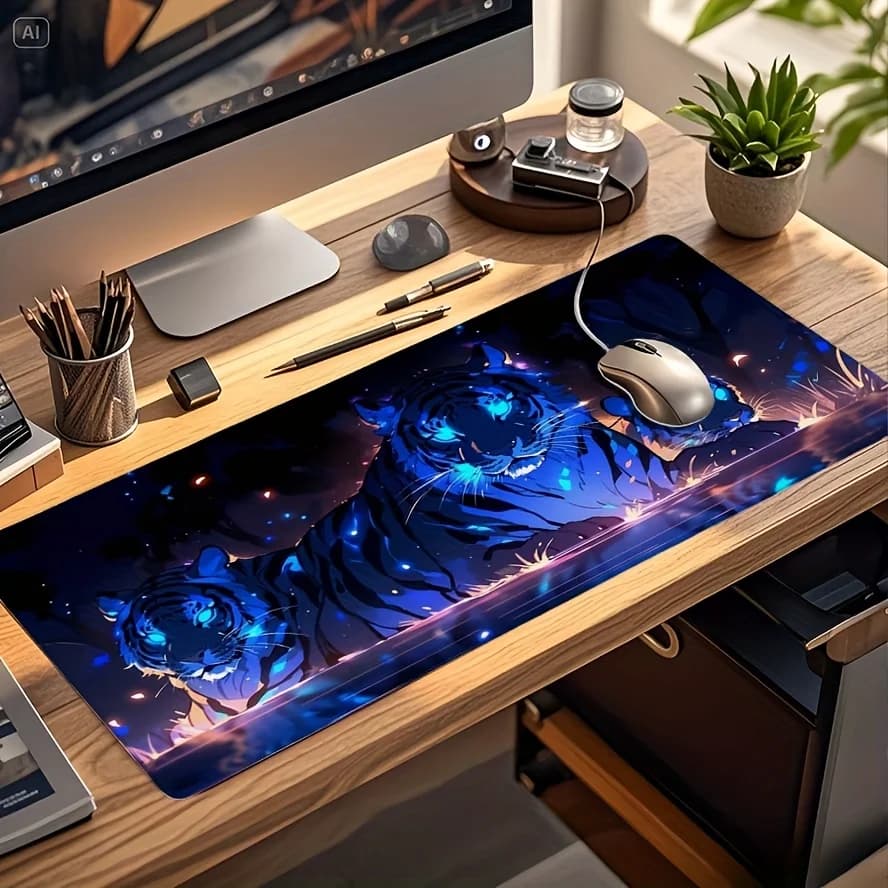 Tappetino per Mouse da Gaming XXL Blue Neon Tiger, Antiscivolo in Gomma, per Ufficio e PC