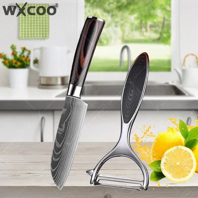WXCOO Coltello Professionale da 5 Pollici, Accessori da Cucina, Coltello Damascato al Laser per Frutta, Carne e Uso Generale, Stile Giapponese Santoku