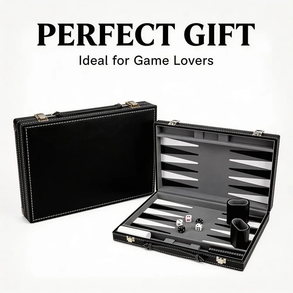 Gioco da tavolo a scacchi, set da backgammon con copertura in poliuretano nero cucita, bel regalo, intrattenimento pieghevole per famiglie e aziende