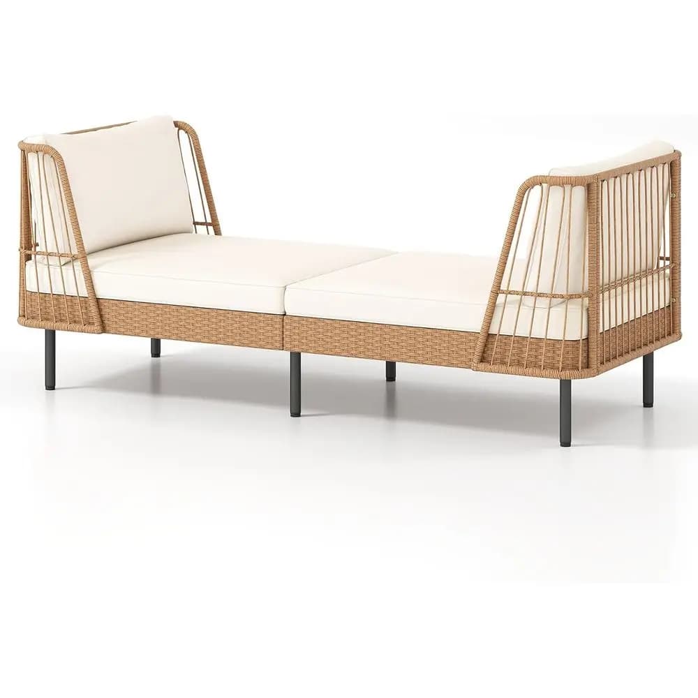 Divano Letto da Esterno a 2 Posti in Vimini con Cuscini e Guanciali, Perfetto per il Relax in Patio, Giardino o a Bordo Piscina