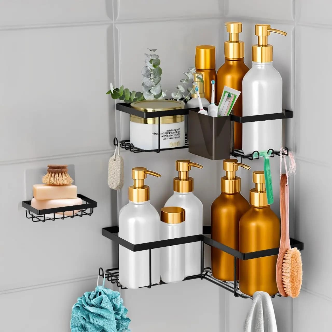Portaoggetti adesivo da angolo per doccia, porta spazzolino, porta sapone e 12 ganci, confezione da 4, materiale antiruggine, organizer per bagno
