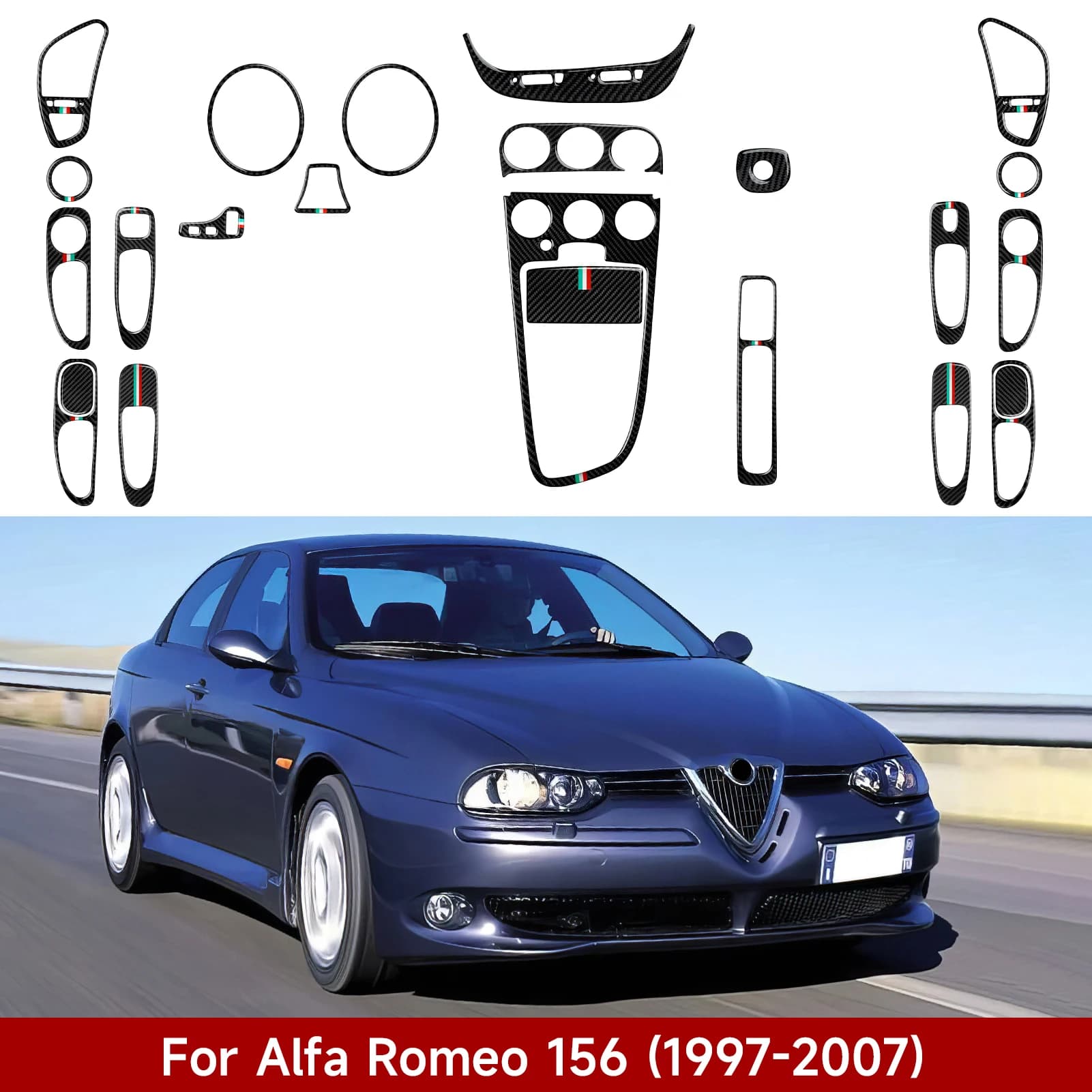Per Alfa Romeo 156 (1997-2007) Accessori di rivestimento, adesivo interno in fibra di carbonio, pannello interruttori CD/finestra console centrale auto