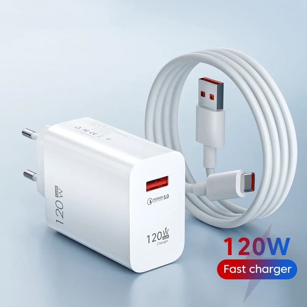 Caricatore USB Ultra Veloce da 120W con Quick Charge 3.0, Adattatore da Parete EU/US/UK e Cavo Type-C da 6A per Huawei, VIVO, iPhone, Samsung, Xiaomi