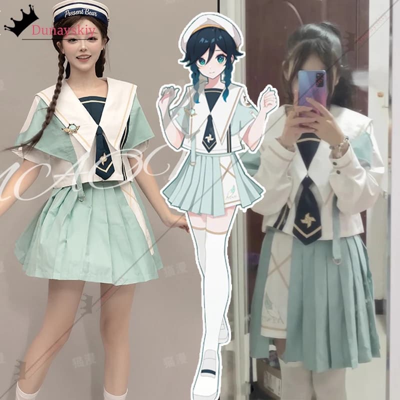 Anime Genshin Impact Cosplay Venti Donna jiakei Costumi Abito Giacca allentata Cappotto Felpa con cappuccio Gonna a maniche corte Set Travestimento
