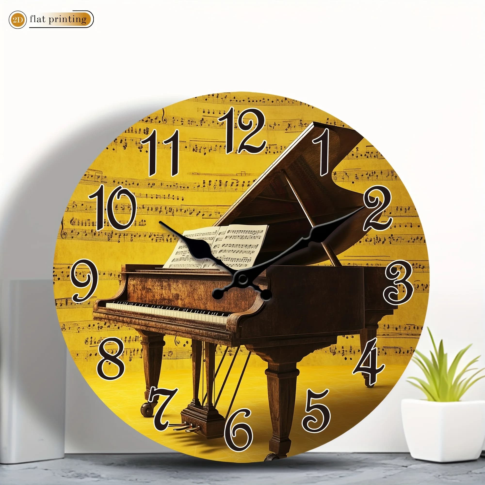 1pc Wooden Silent wall clock- 2D flat printed circular clock, Modern retro rustic stylePiano-themed wall clock