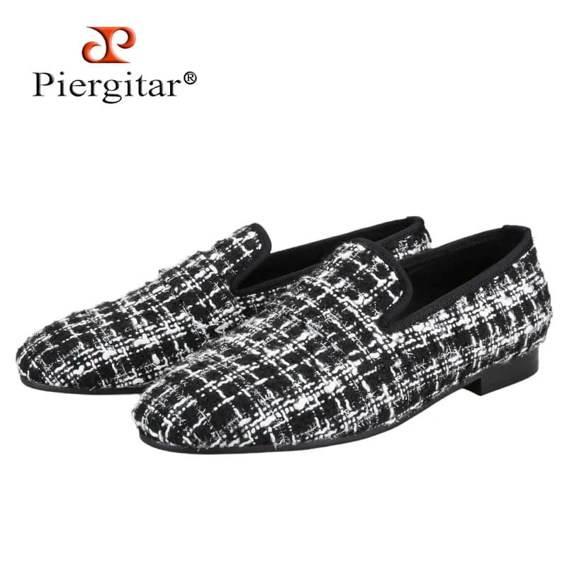 Piergitar Luxury Brand Same Material Black And White Knitted Cotton Men's Penny Loafers British Classic Slip-On Smoking Slippers
