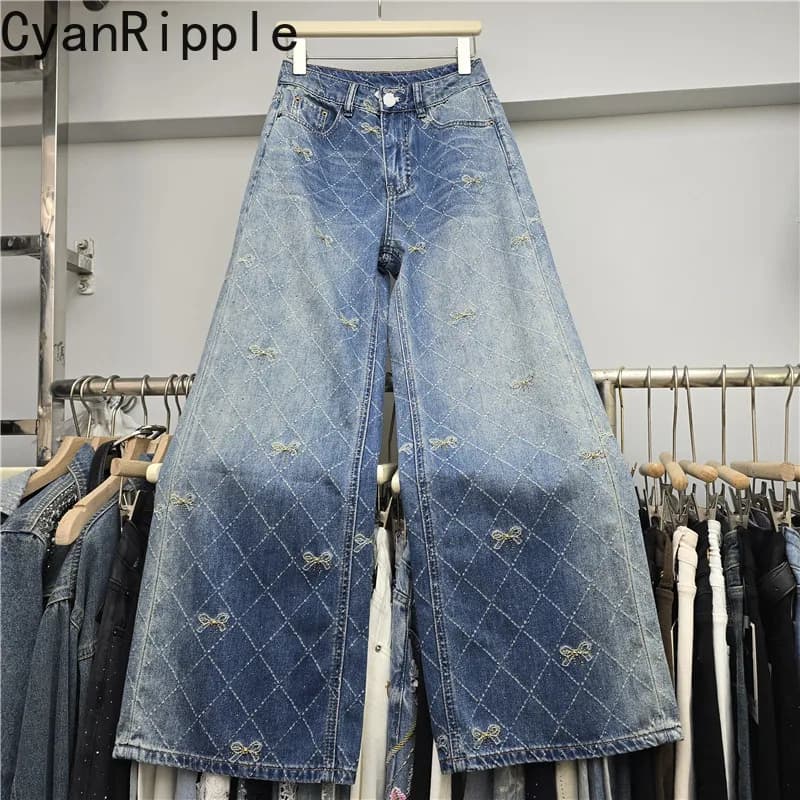 2026 New Autumn Fashionable Women Denim Pants All-match Hot Diamonds Bow Straight Jeans High Waist Wide Leg Casual Pants Mujer