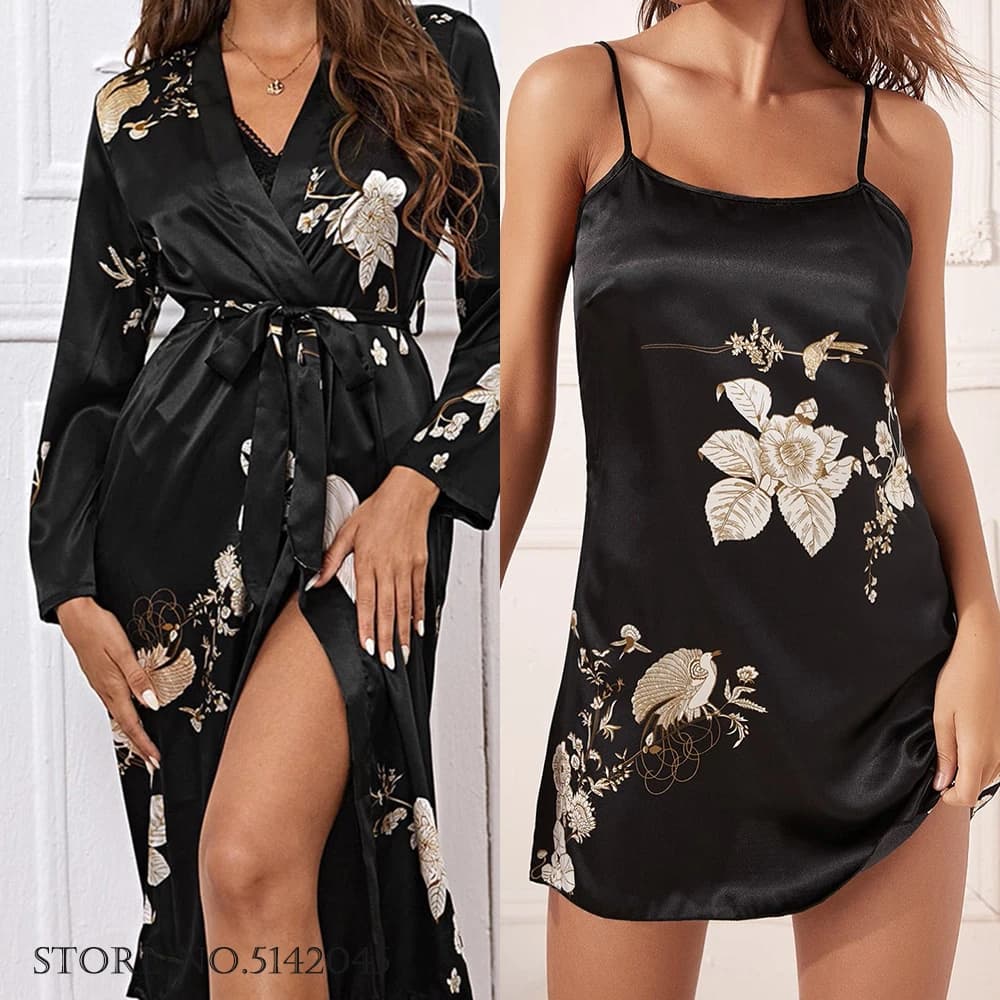 Black Flower Women Long Robe primavera estate Kimono accappatoio abito Sexy bretella camicia da notte camicia da notte allentato raso di seta Home Wear