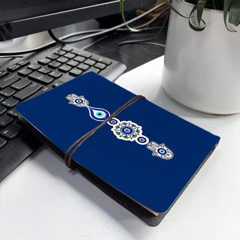 Boho Evil Eye Hamsa Hand PU Notebook - Blue Nazar Amulet Print Journal, Feather Pendant Tie Closure Spiritual Stationery