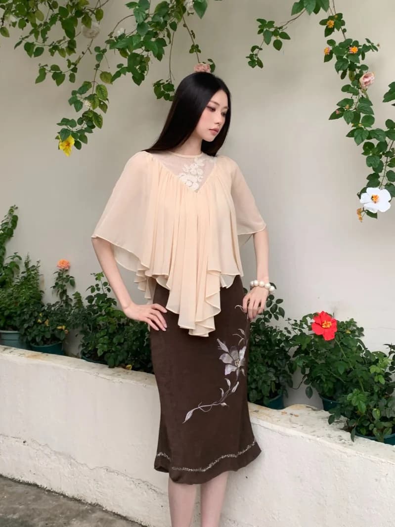 Mint Peach A-Line High Waist Straight Leg Midi Skirt Brown Embroidery Casual Versatile Slimming Flared Skirt for Women