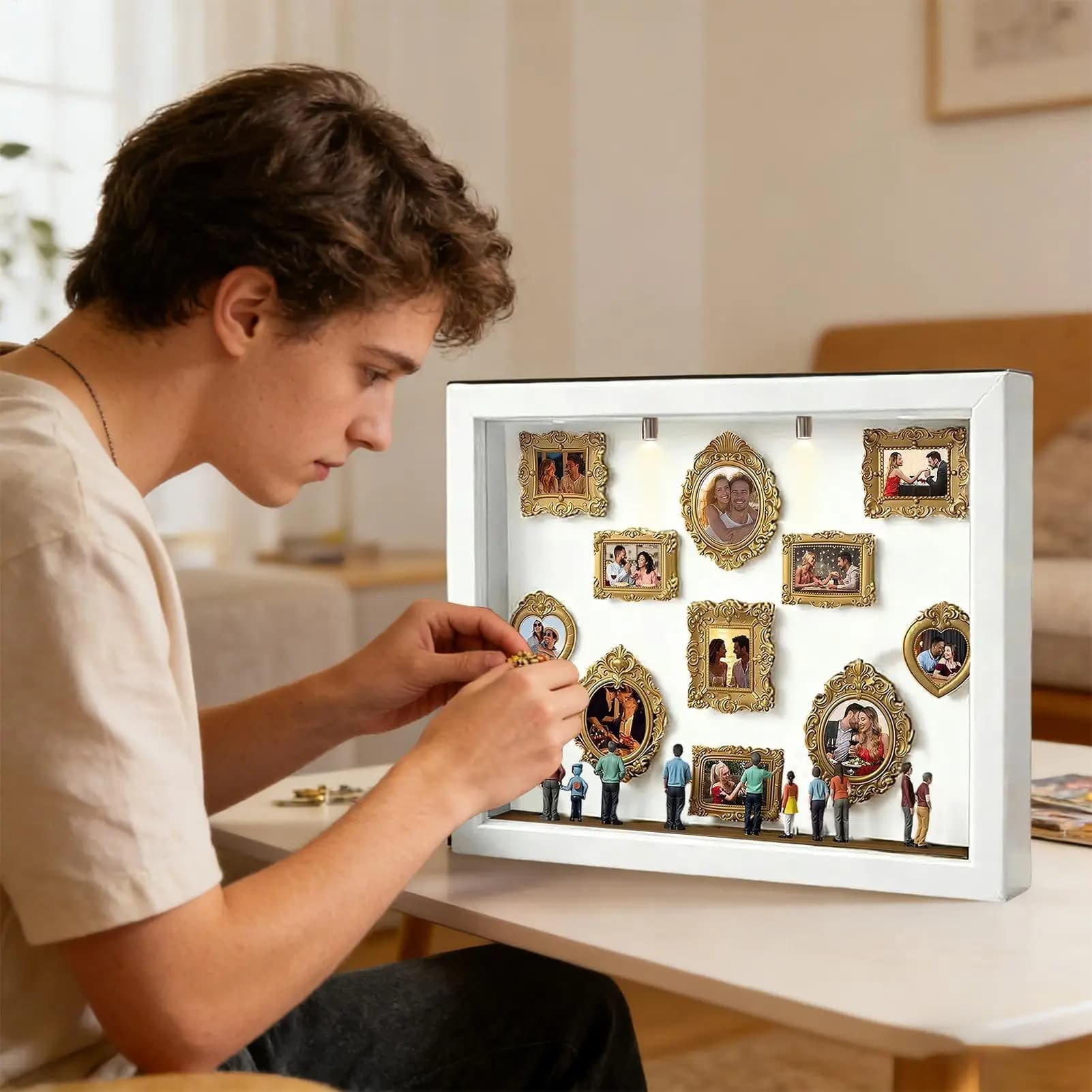 Mini Museo in Scatola con Luci, Espositore per Ricordi, 11 Cornici in Miniatura con 8 Statuette per Tavolo