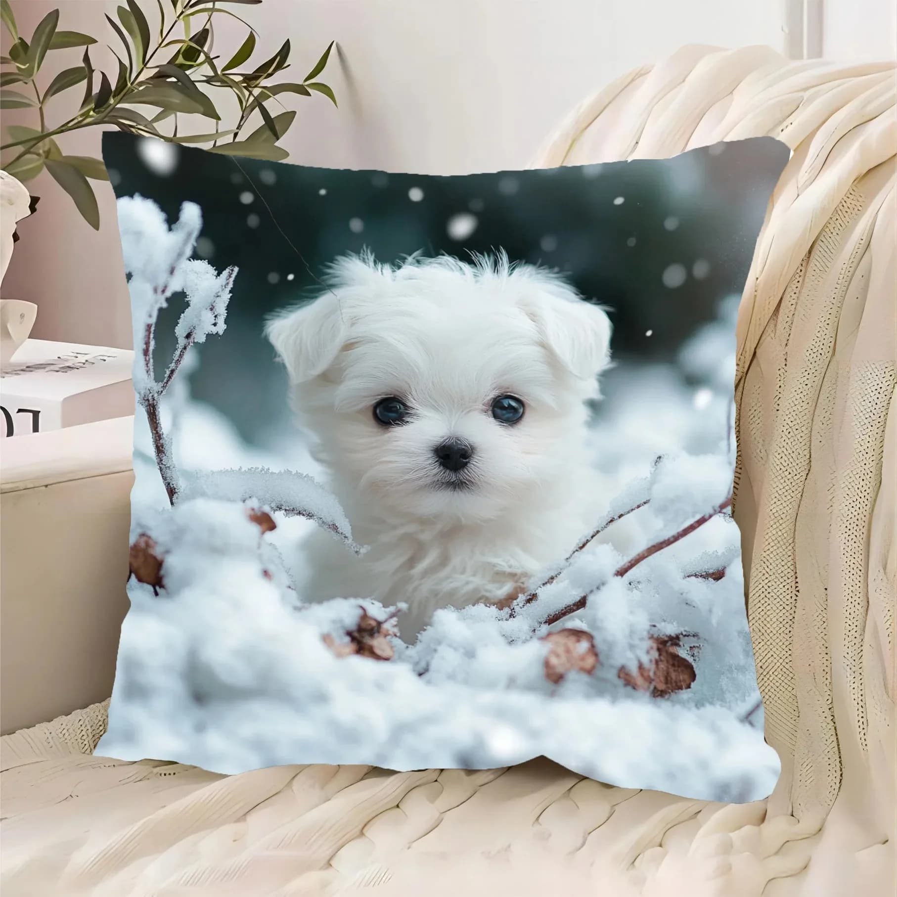 Cute White Puppy Winter Snow Pillowcase 2D Flat Printed Peach Skin Animal Cushion Cover for Living Room Sofa Home Decor
