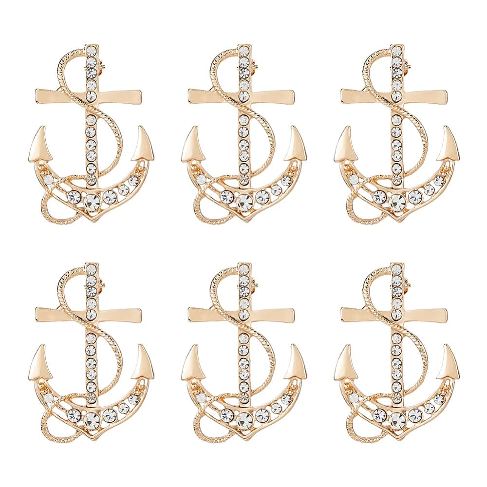 6Pcs Anchor Alloy Rhinestone Lapel Pins for Backpack Clothes Light Gold 37x25.5mm