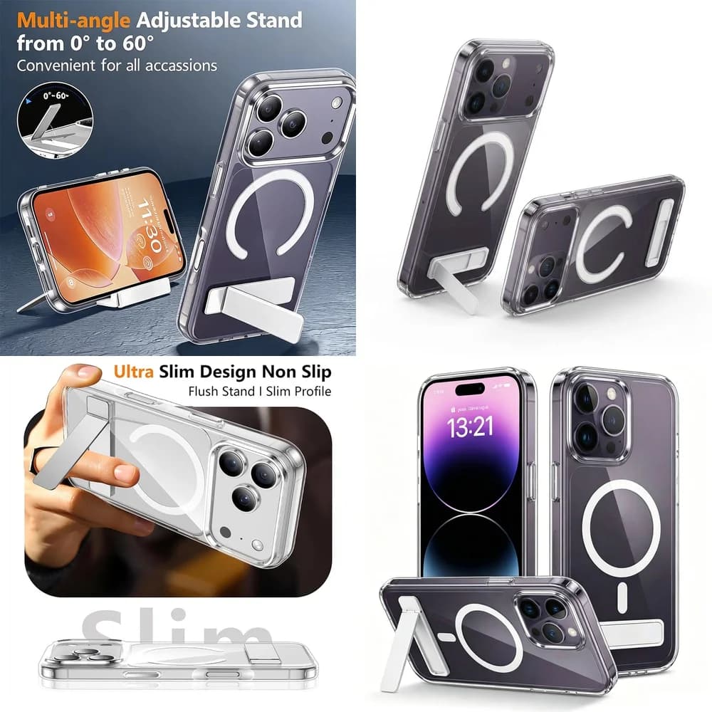 Clear Magnetic Back Cover with Metal Kickstand Anti-Fingerprint Ultra Thin for iPhone 17 16 15 14 13 12 11 Pro Max Plus mini