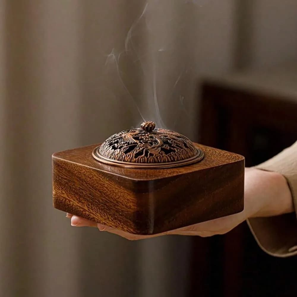 Square Wood Incense Burner Aromatherapy Diffuser with Hollow Lid Handcrafted Chinese Style Zen Meditation Relaxation Fragrance