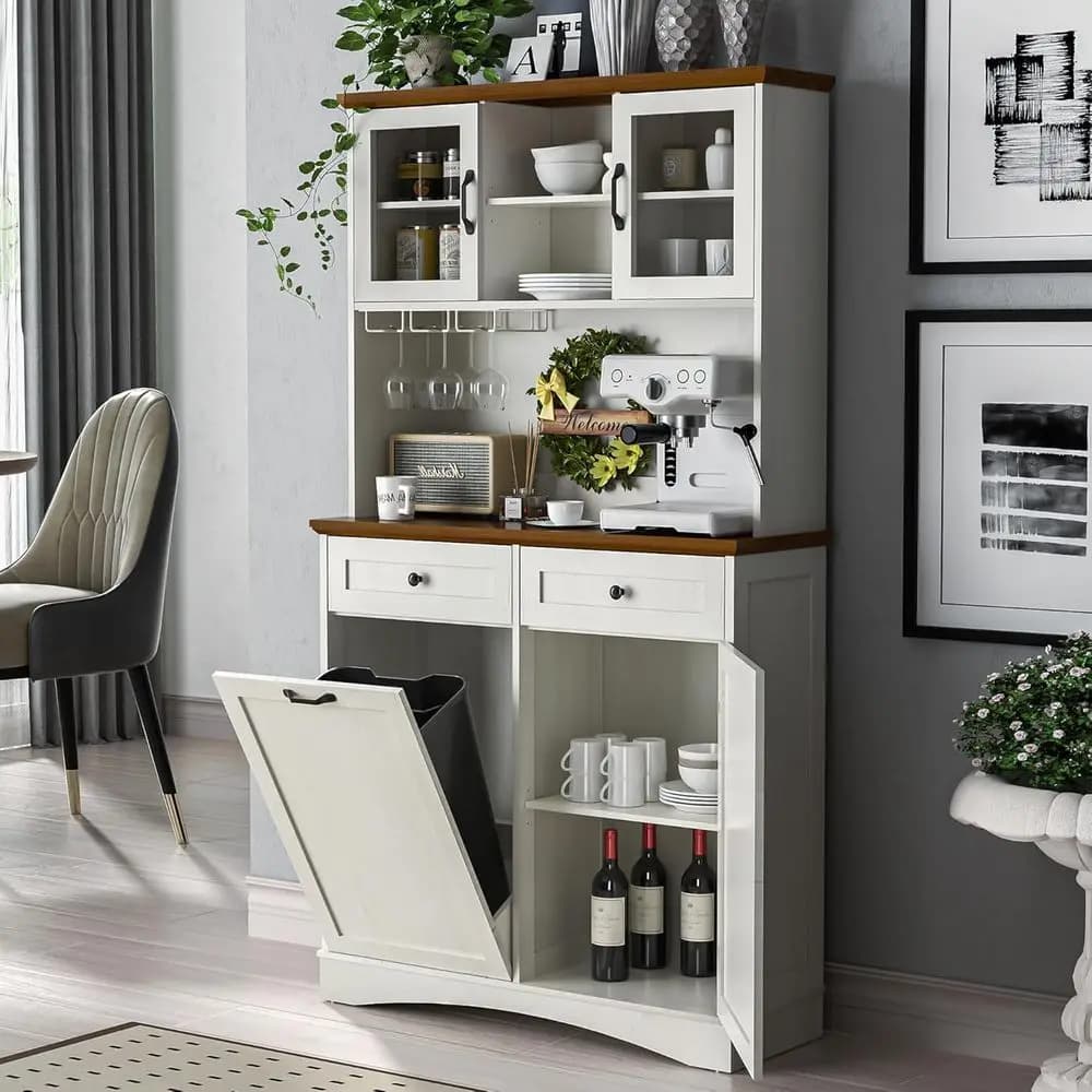 Dispensa da Cucina Bianco Antico 72 con Supporto per Microonde, Cestino per Rifiuti Riciclabili e Ripiani Regolabili