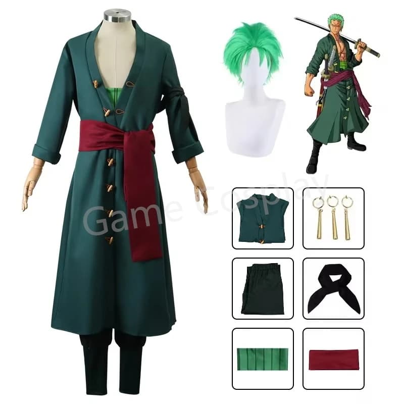 Figure Anime Roronoa Zoro Costume Cosplay Uniforme Cappotto Verde Pantaloni Testa Sciarpa Roronoa Zoro Parrucca Orecchini Halloween Uomo Vestiti