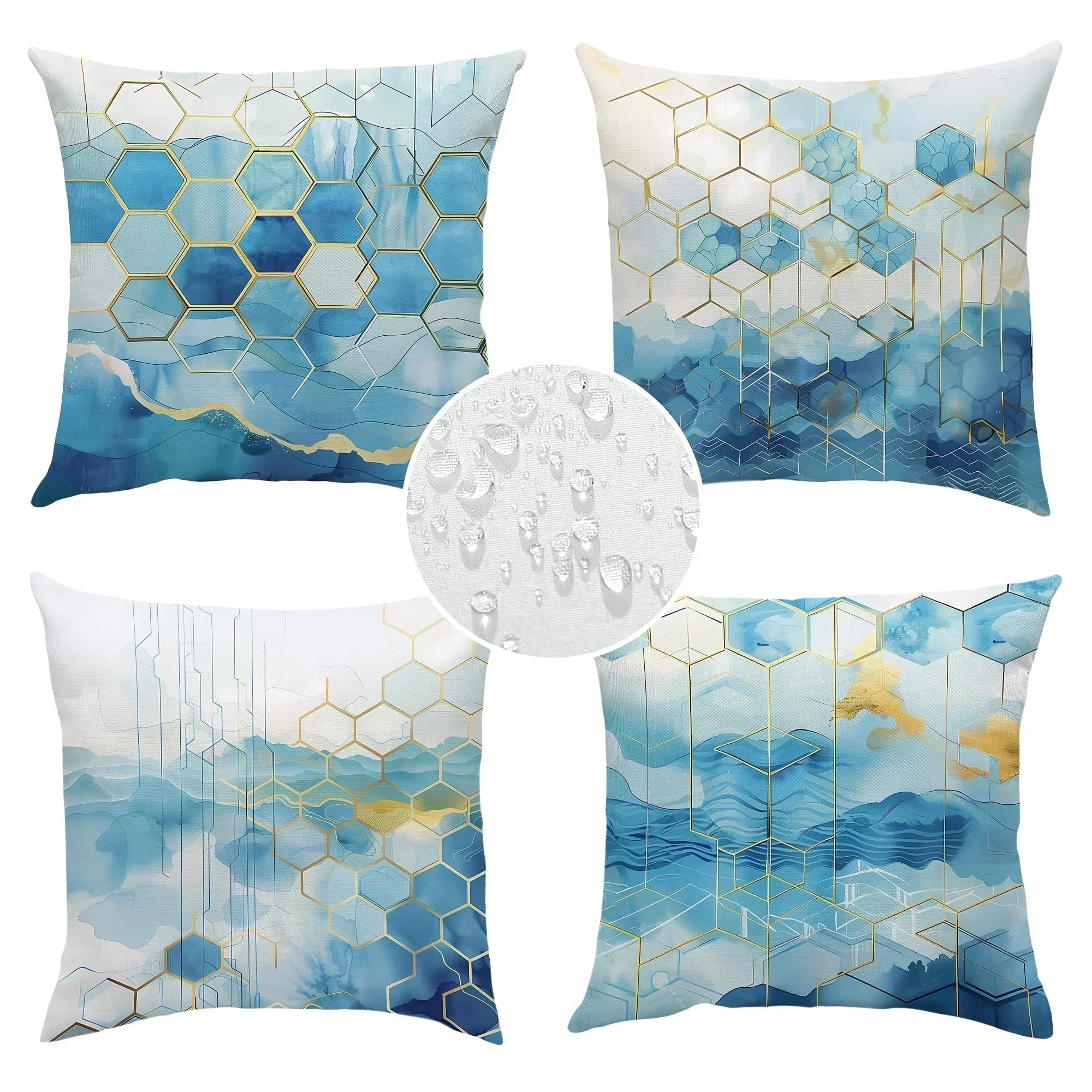 4pcs Geometric Wave Outdoor Throw Pillow Covers, Modern Abstract Blue and Golden Printed Waterproof, 45x45cm/18x18in - Suitable for Balcony Garden Patio Furniture Tent Hanging Chair Deep Seat Sofa Decor (Pillows Not Included)