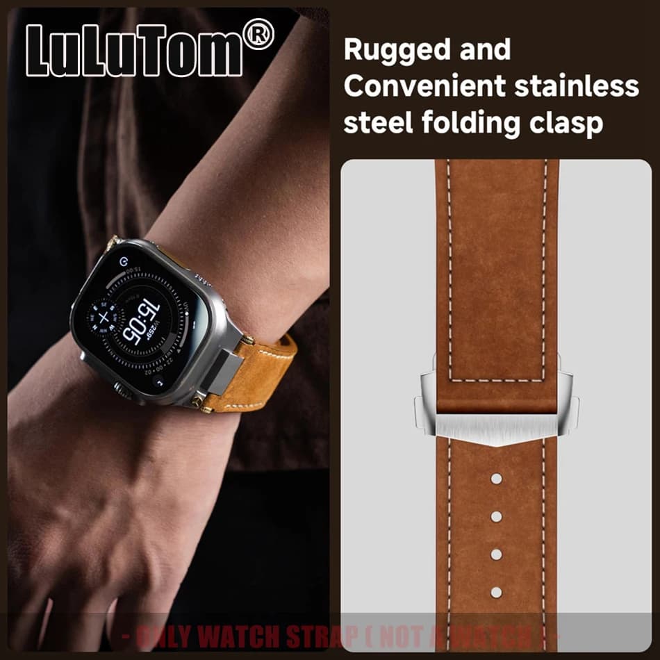 Cinturino in Pelle da Uomo per Apple Watch 11 10 9 8 6 7 3 SE con Chiusura Pieghevole, Cinturini di Ricambio di Lusso per Iwatch Serie 42 44 45 46 49 mm