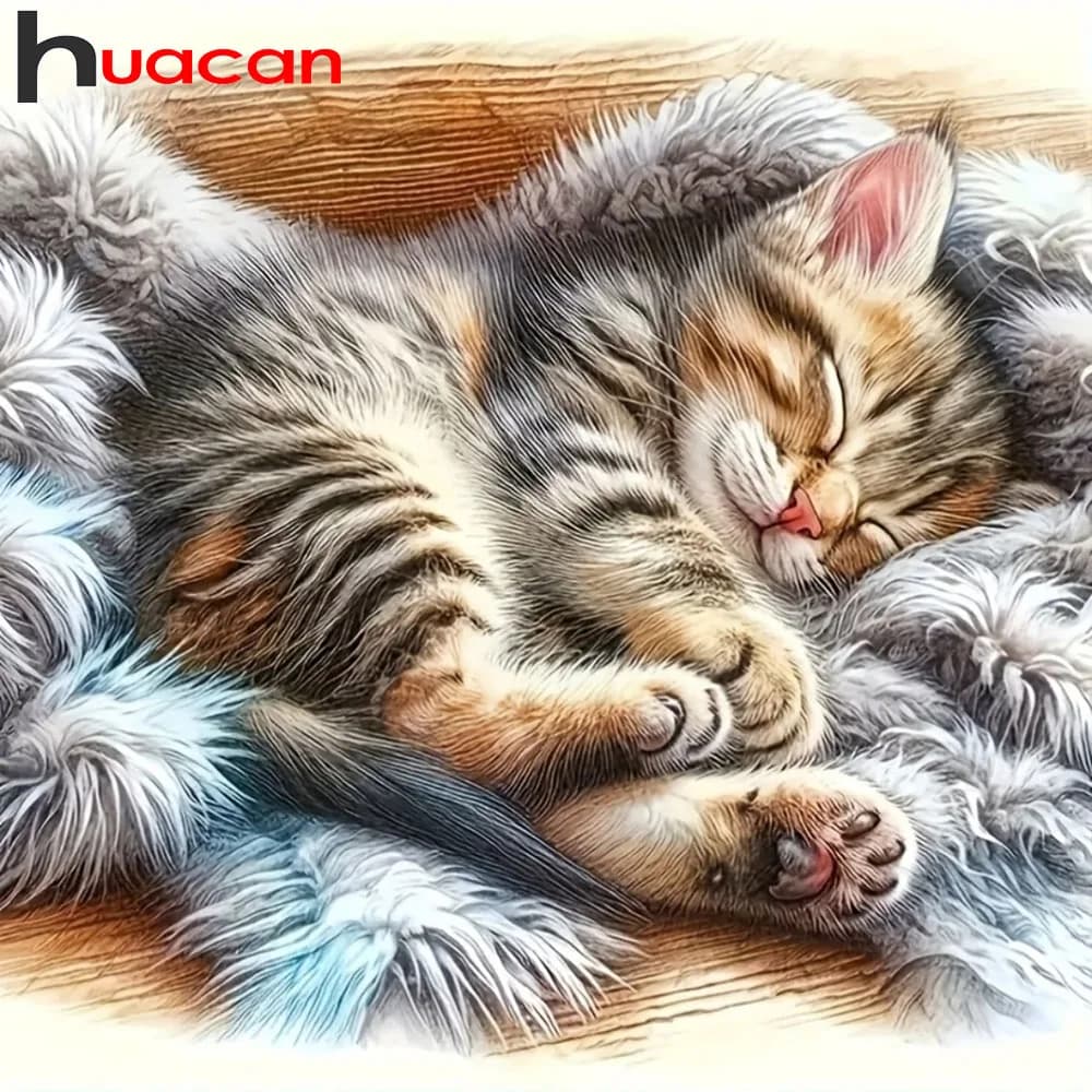 Kit Completo per Pittura Diamante 5D Huacan, Gatto Dormiente, Ricamo Diamante, Dipinti Decorativi