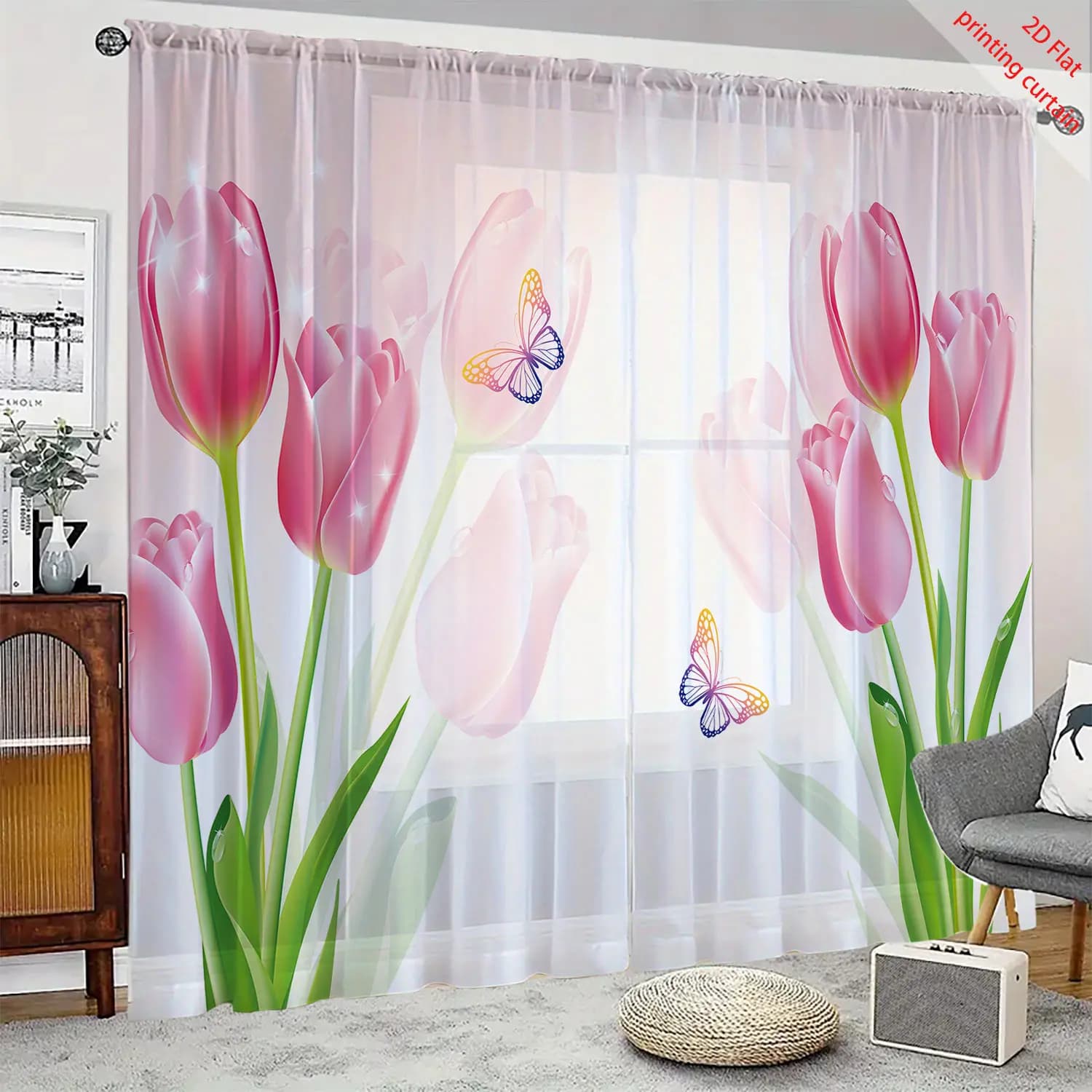 Tenda in garza trasparente con stampa tulipani rosa, decorazione romantica per la casa, adatta per soggiorni, camere da letto, balconi, finestre