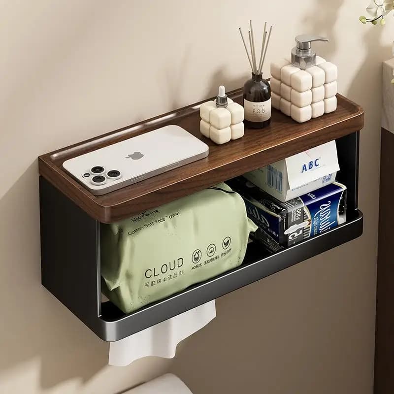 Bathroom Walnut Wooden Toilet Paper Holder Wall Mounted No Drilling Bathroom Roll Paper Rack Tissue Drawstring Storage Shelf