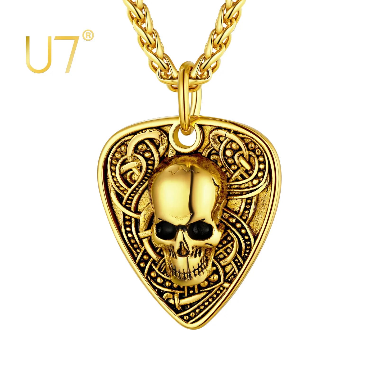 U7 Collana con plettro per chitarra da uomo in acciaio inossidabile color oro Hip Hop Punk Ciondolo con teschio gotico Collane con plettri 22 "