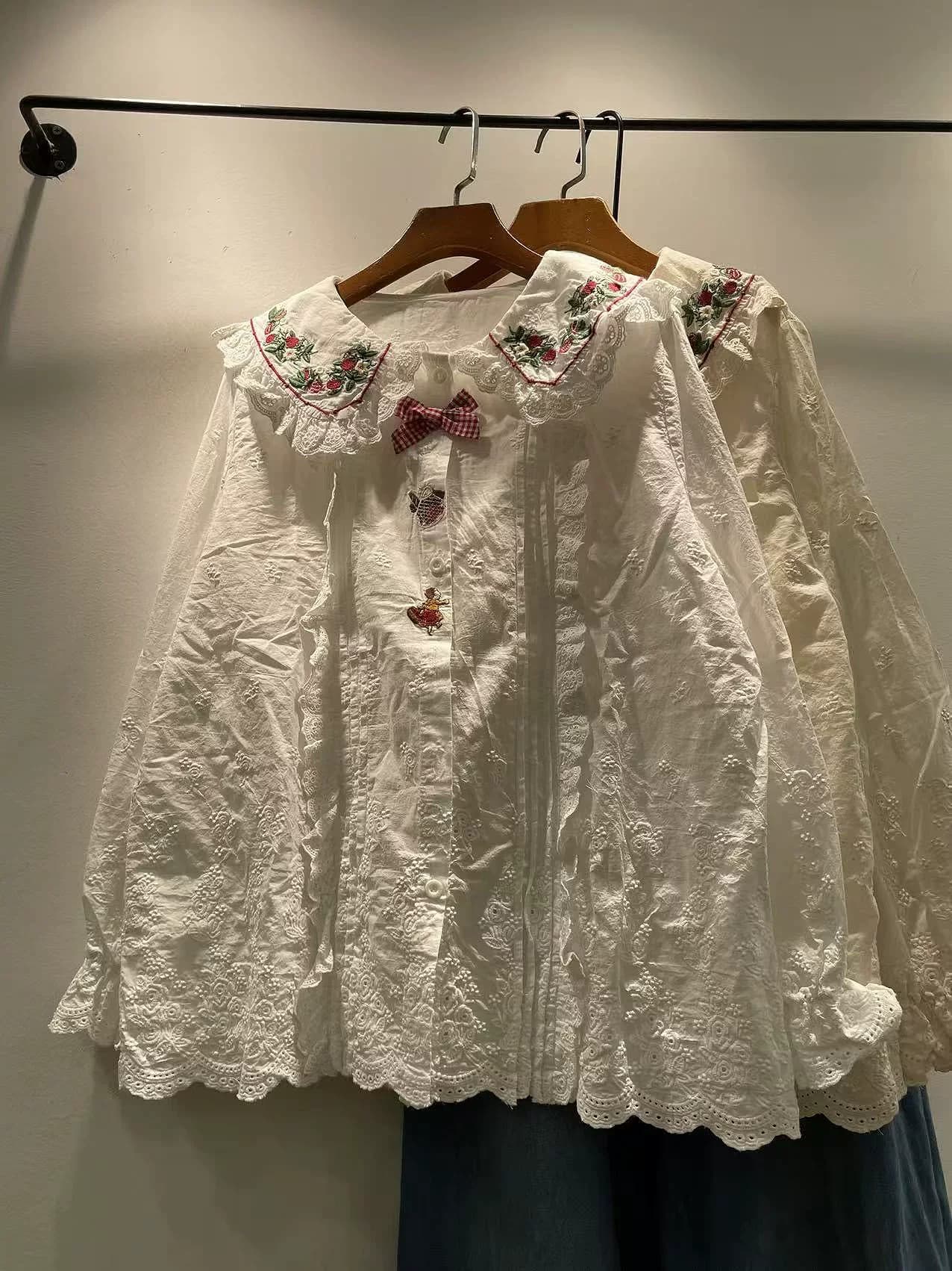 2026 giapponese mori girl dolce colletto peter pan bianco beige pizzo ricama camicie e camicette per le donne stile preppy kawaii carino