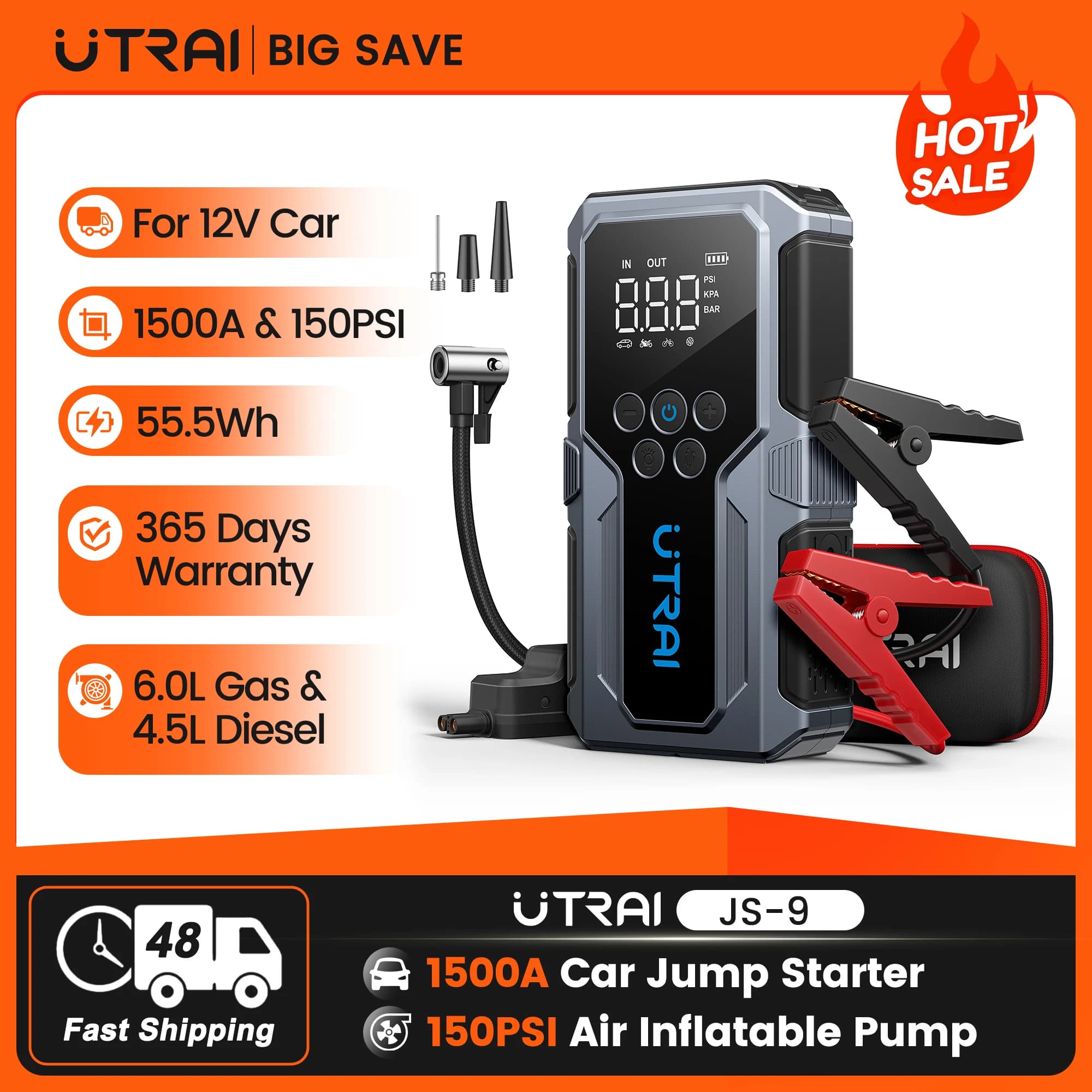 UTRAI 4 in 1 1500A JS-9 Avviamento di emergenza per 12V Auto 150PSI Pompa gonfiabile ad aria Compressore d'aria Banca di potere portatile Booster di emergenza