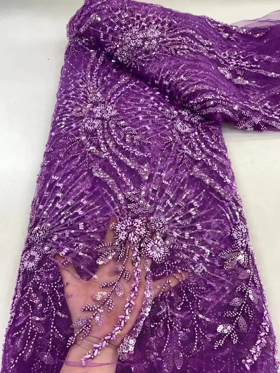 Ultimo tessuto di pizzo africano da 5 metri, paillettes francesi di lusso, tessuto di pizzo a rete, perline fatte a mano di fascia alta per abiti da cucito da sposa