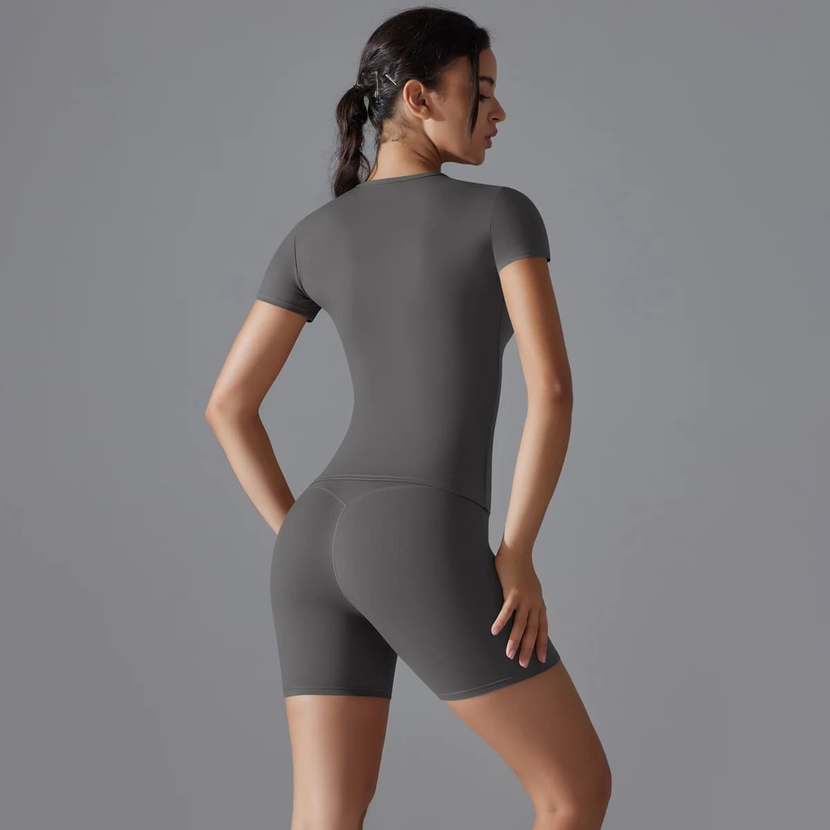 Tummy Control Skinny Outdoors Sport Bodysuit Solid Colour Slim Fit Quick Dry Yoga Short Workout Yoga Shorts Sleeve