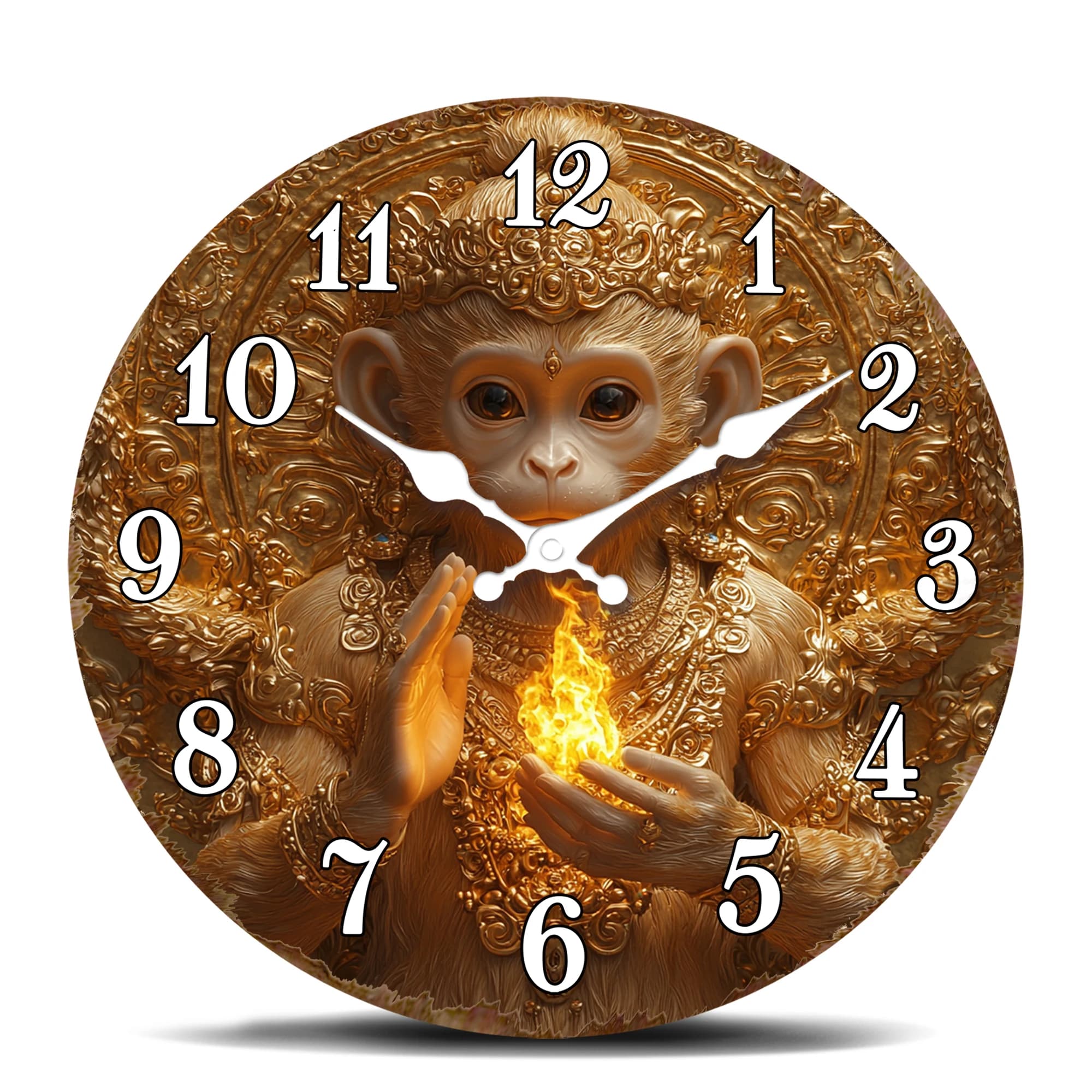 Round wall clock with golden monkey and flame - Decorative piece of art with mythical creature