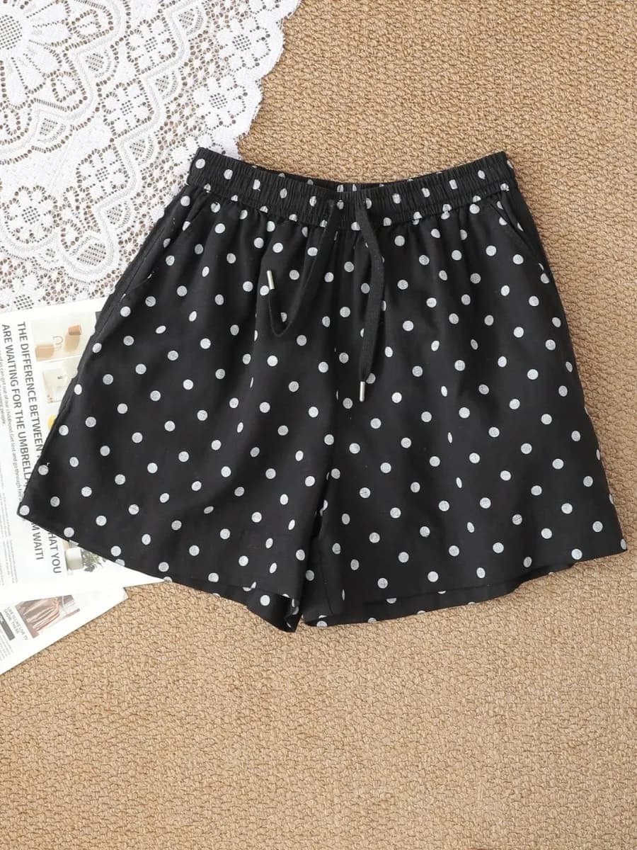 Black Retro Polka Dot Linen Shorts Women Summer Thin Loose Versatile Four Leggings Wide Leg Pants Hot Pants Casual Skirt Pants