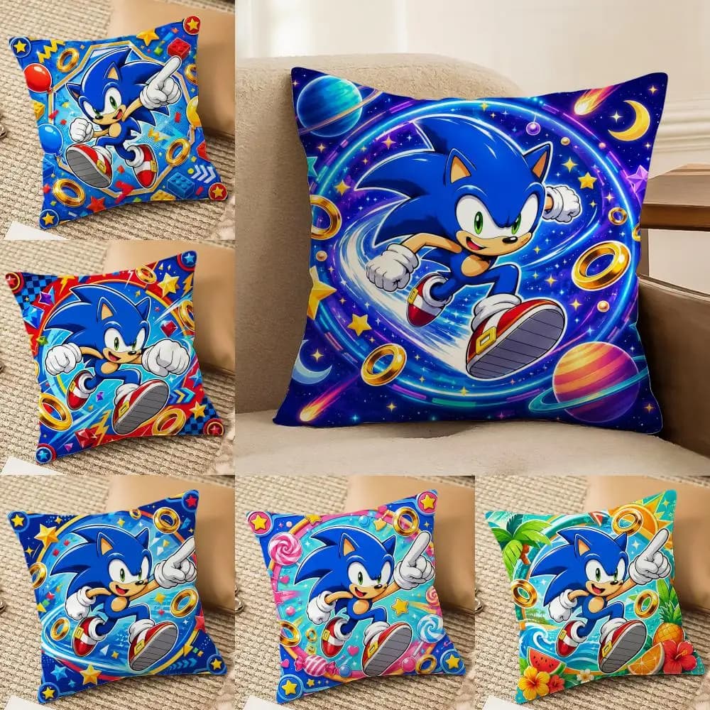 Cartoon Game Role S-Sonic Cushion Cover Double-Sided Plush Sofa Cushion Covers Organic Breathable Invisible Zipper